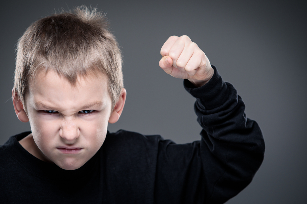 Young boy with an angry expression, raising his fist in a threatening gesture, symbolizing aggression or intense frustration.