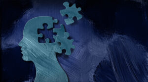 Abstract illustration of a human head made of puzzle pieces, with several pieces floating away, symbolizing cognitive diversity or neurological differences.