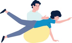 Illustration of a therapist assisting a child with a physical therapy exercise on a stability ball, helping improve balance and coordination.