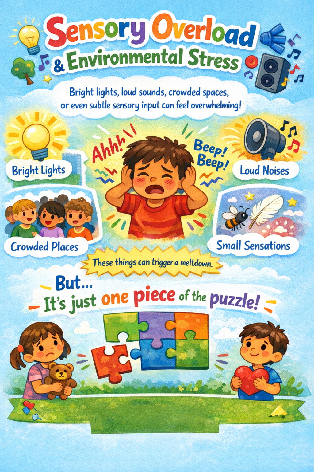 Child-friendly infographic showing a child feeling overwhelmed by bright lights, loud noises, crowded spaces, and small sensory sensations, explaining that sensory overload can trigger crying in autism but is only one part of the picture.