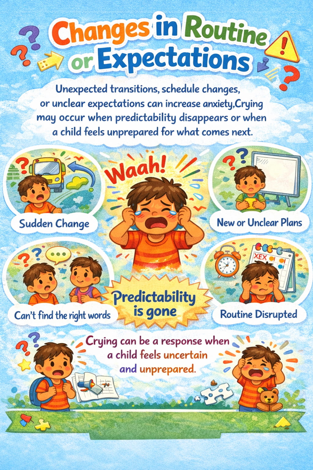A child-friendly infographic showing how unexpected routine changes or unclear expectations can increase anxiety and lead to crying when a child feels unprepared for what comes next.