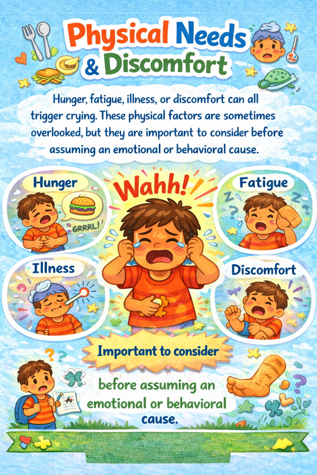 A child-friendly infographic showing a crying child surrounded by icons for hunger, fatigue, illness, and discomfort, illustrating how unmet physical needs can trigger crying before emotional or behavioral causes are considered.