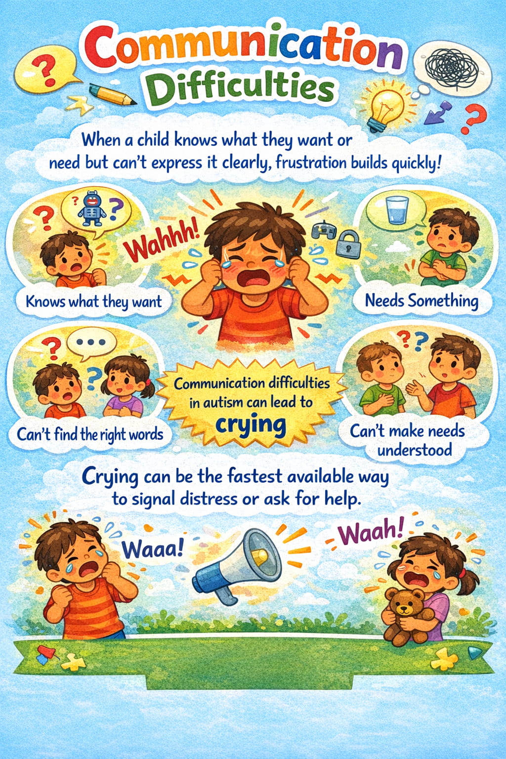 A child-friendly infographic showing a crying child surrounded by icons for hunger, fatigue, illness, and discomfort, illustrating how unmet physical needs can trigger crying before emotional or behavioral causes are considered.