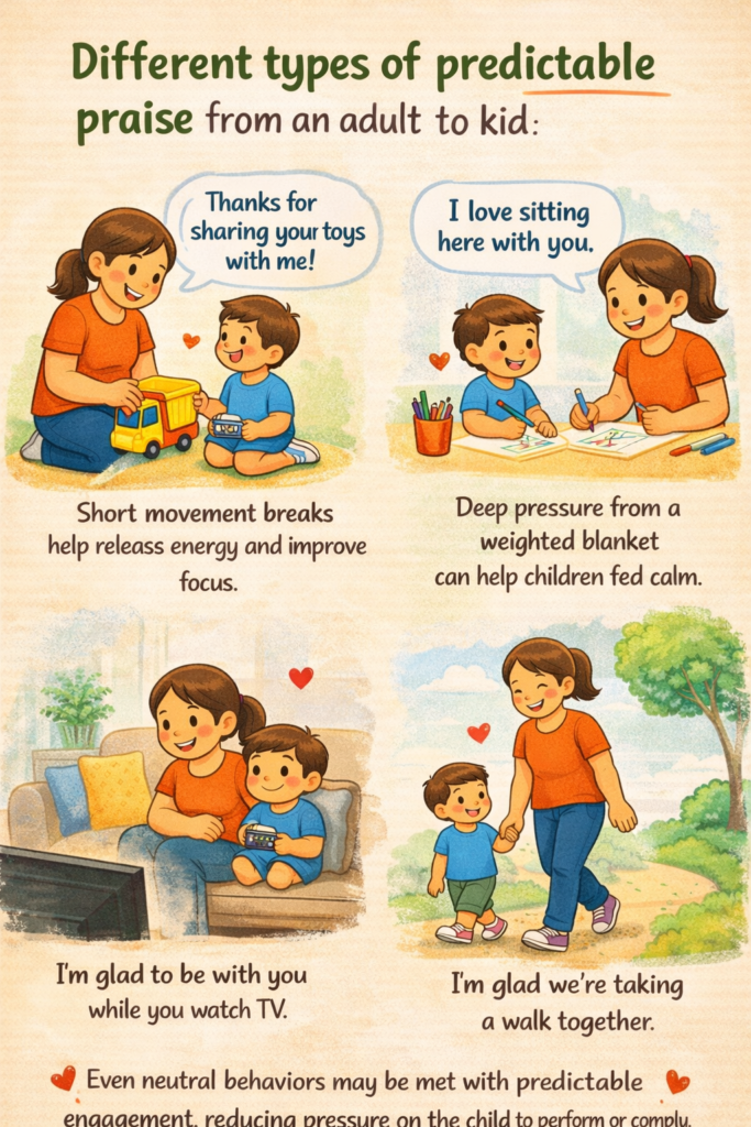 A child-friendly infographic titled “Different types of predictable praise from an adult to kid” shows an adult offering calm, consistent praise during everyday activities like playing, drawing, watching TV, and walking together. The visuals highlight that predictable engagement, even during neutral behaviors, reduces pressure on the child to perform or comply.