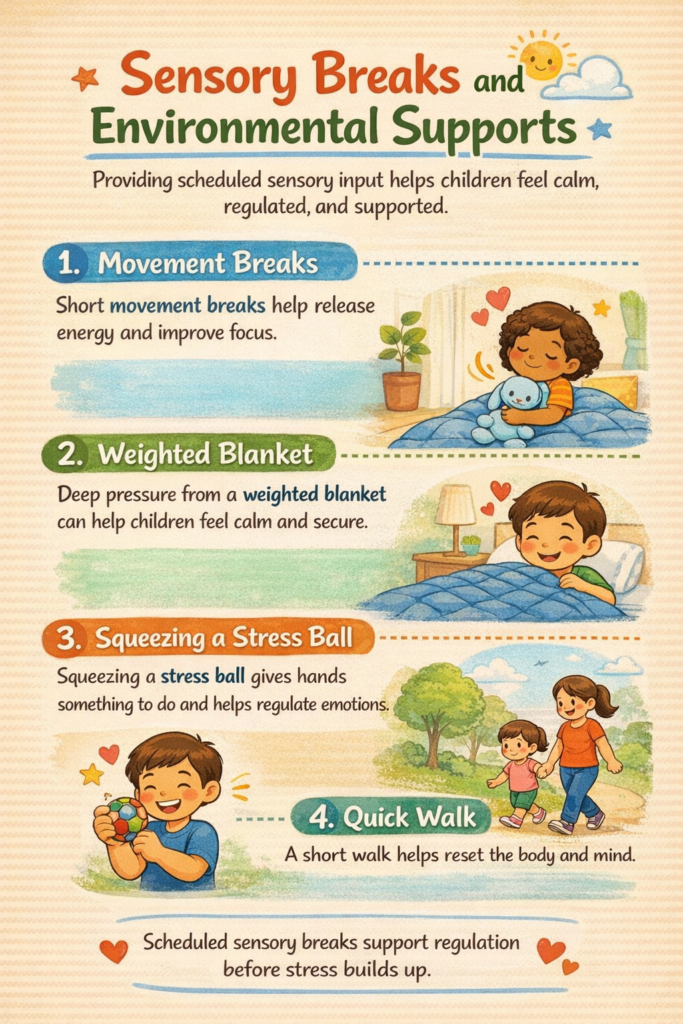 Sensory Breaks and Environmental Supports” shows four scheduled sensory strategies: movement breaks, a weighted blanket, squeezing a stress ball, and going for a short walk. The illustrations emphasize how predictable sensory input helps children feel calm, regulated, and supported before stress builds.