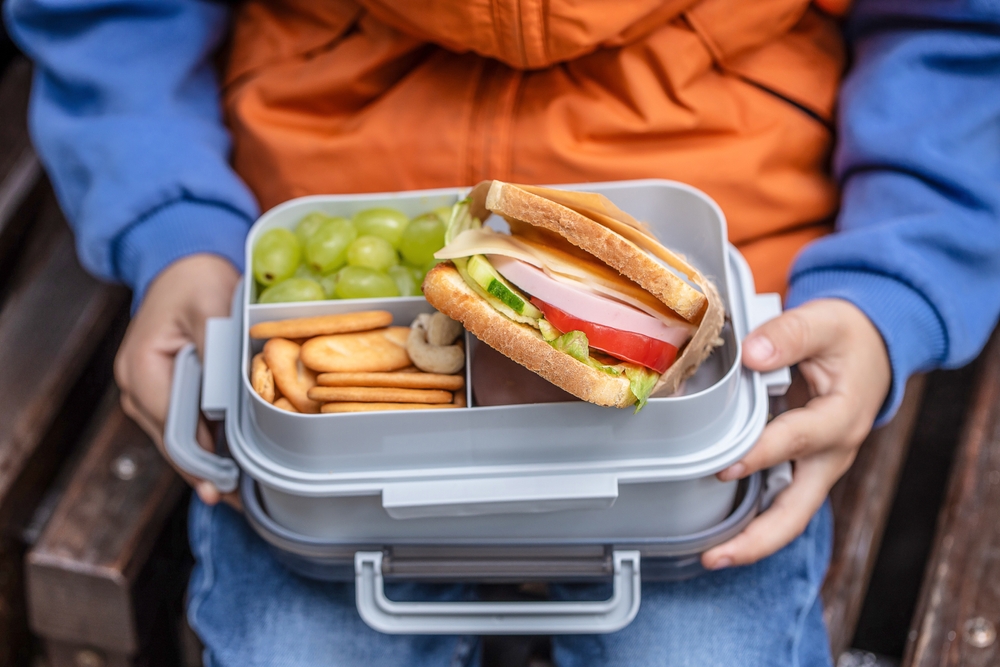 A close-up of a child’s lunchbox featuring a sandwich, green grapes, crackers, and nuts.
