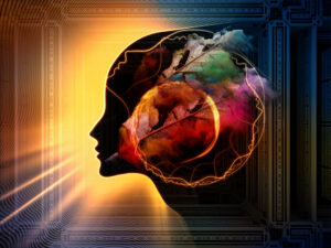 Abstract illustration of a human head silhouette filled with colorful imagery representing brain activity and cognition