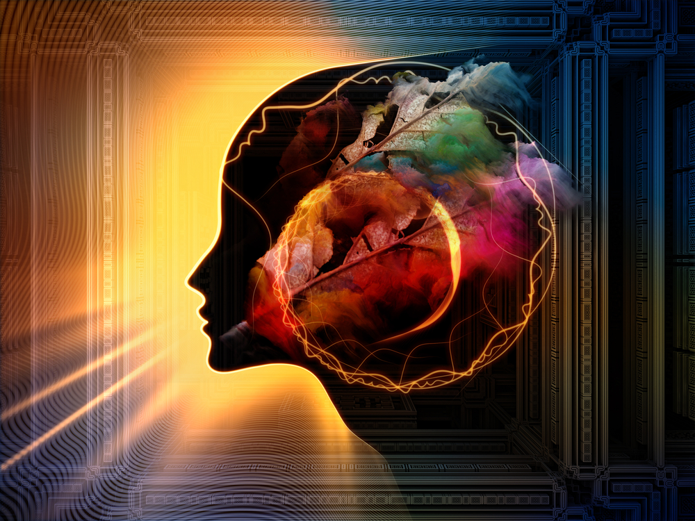 Abstract illustration of a human head silhouette filled with colorful imagery representing brain activity and cognition